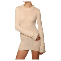 Celine sheer wool alpaca ivory fringe stretch knit top sweater dress XS