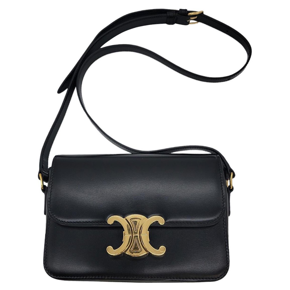 Celine Shiny Black Calfskin Teen Triomphe Shoulder Bag