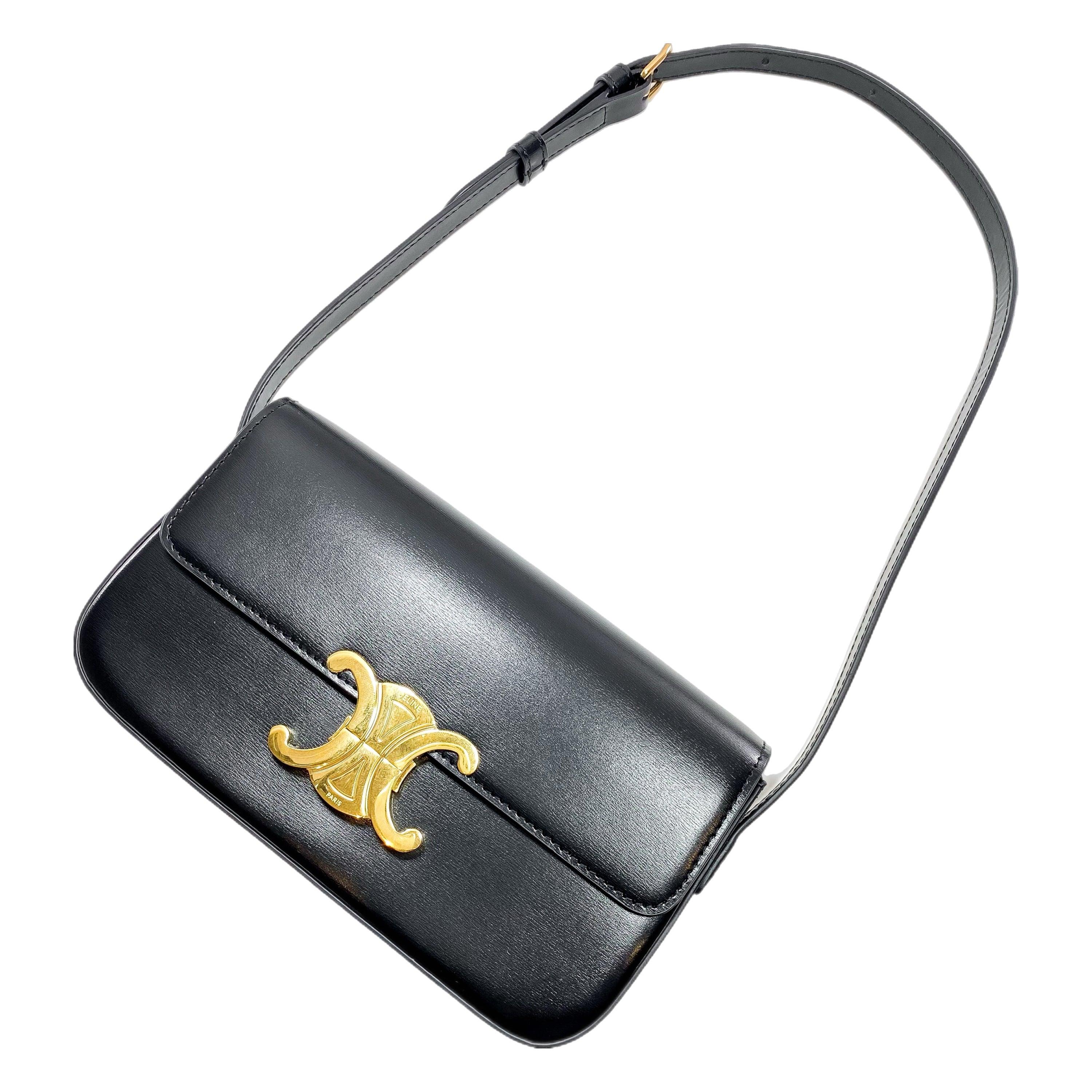 Celine Shiny Black Calfskin Triomphe Shoulder Bag For Sale 6