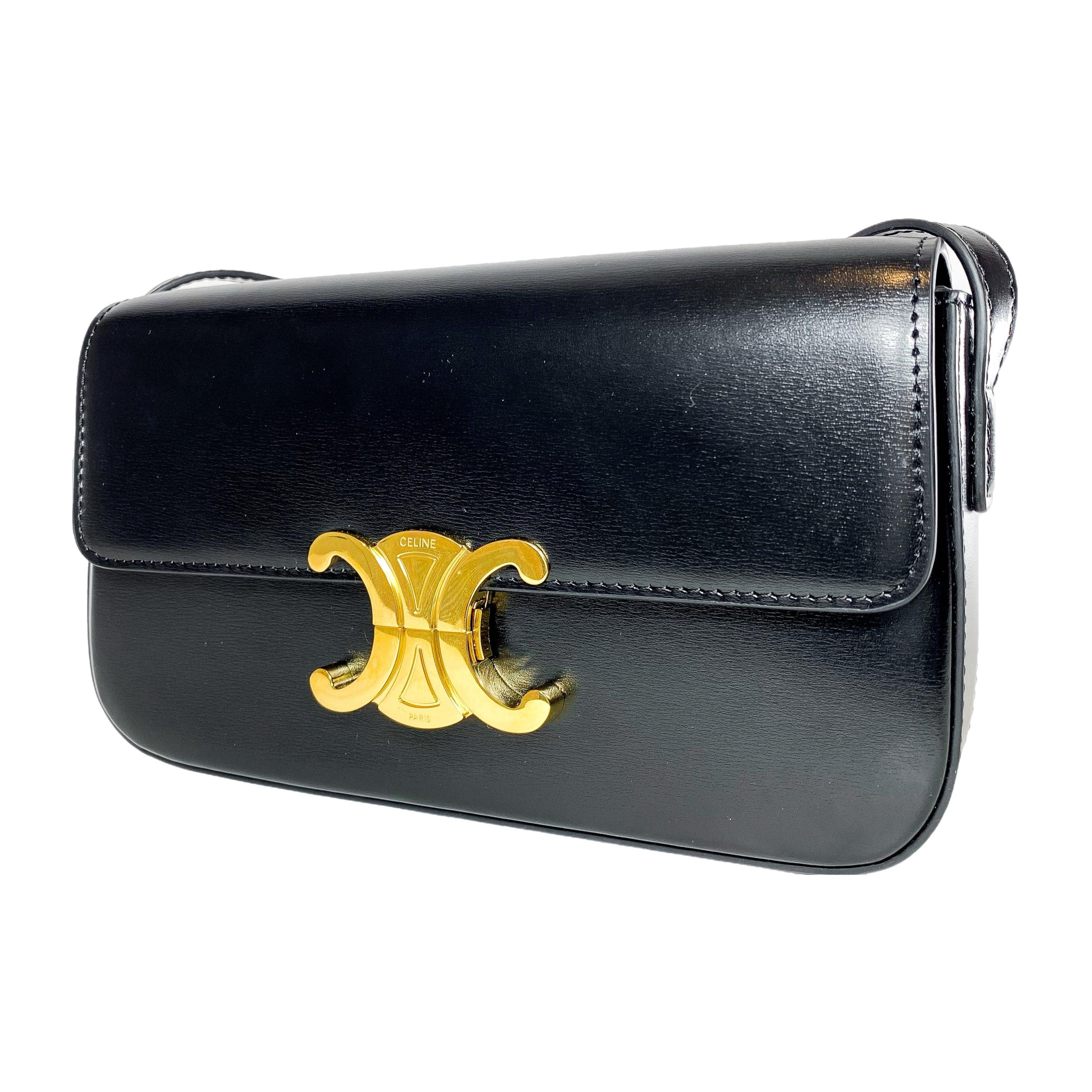 Women's Celine Shiny Black Calfskin Triomphe Shoulder Bag For Sale