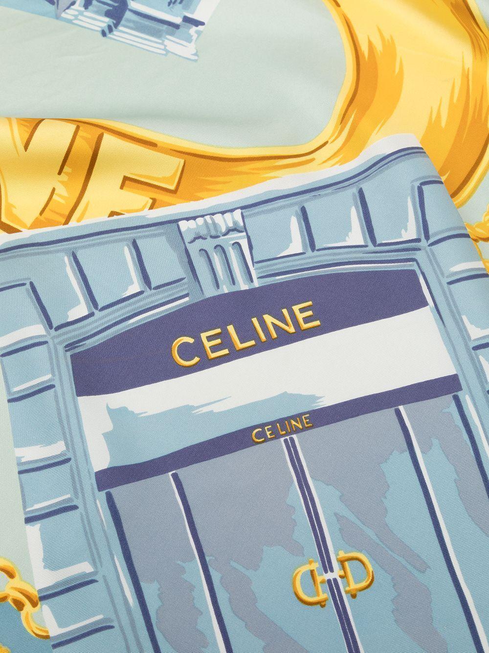 Celine silk scarf with an Arc de Triomphe motif on a light blue background. This versatile piece would look great with any outfit but can also be framed as decor, or loosely tied around the handles of your handbag.

Measurements: Length 90 cm, Width