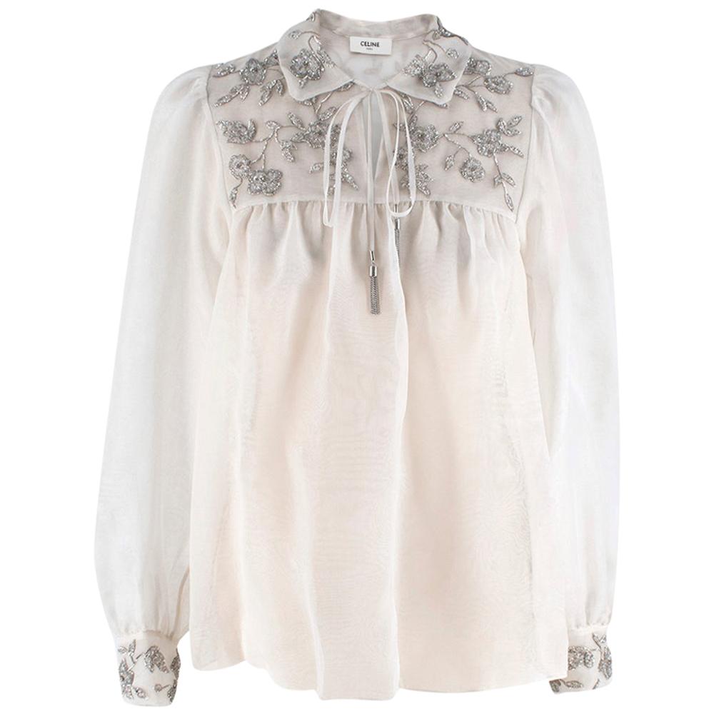Celine Silk Organza Embroidered Prairie Blouse - Size US 0-2 For Sale