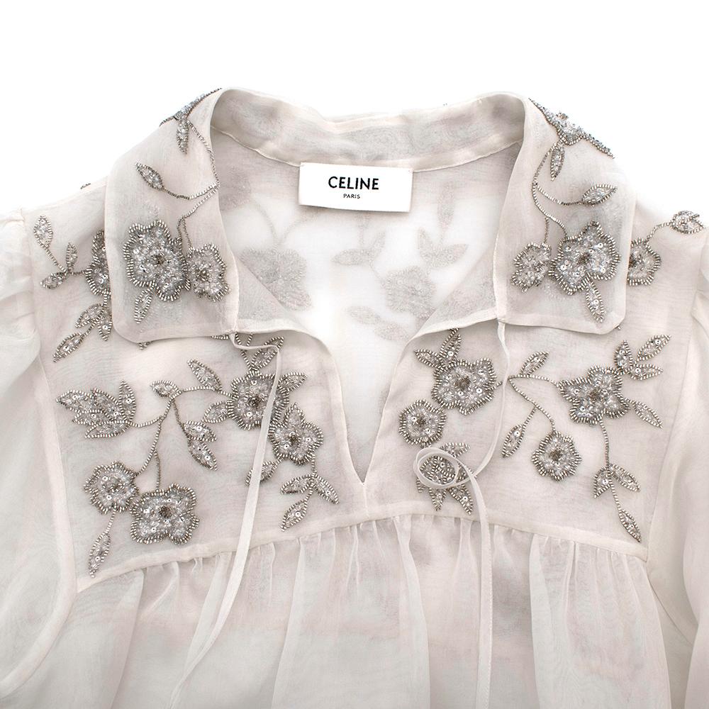 Gray Celine Silk Organza Embroidered Prairie Blouse - Size US 0-2