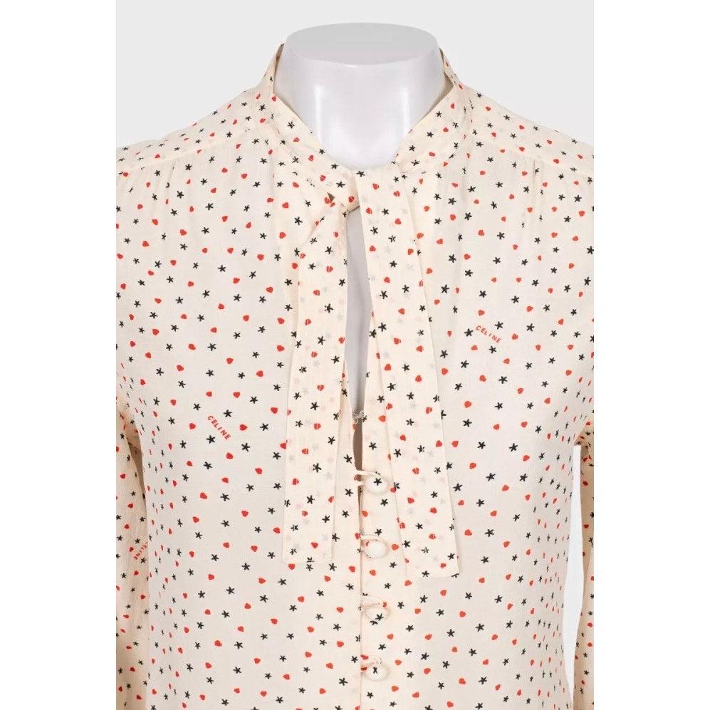 Celine Silk Printed Blouse & Skirt Set - Size FR44 For Sale 1