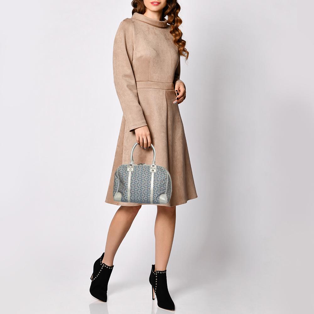 Gray Celine Silver/Blue Macadam Fabric and Leather Satchel