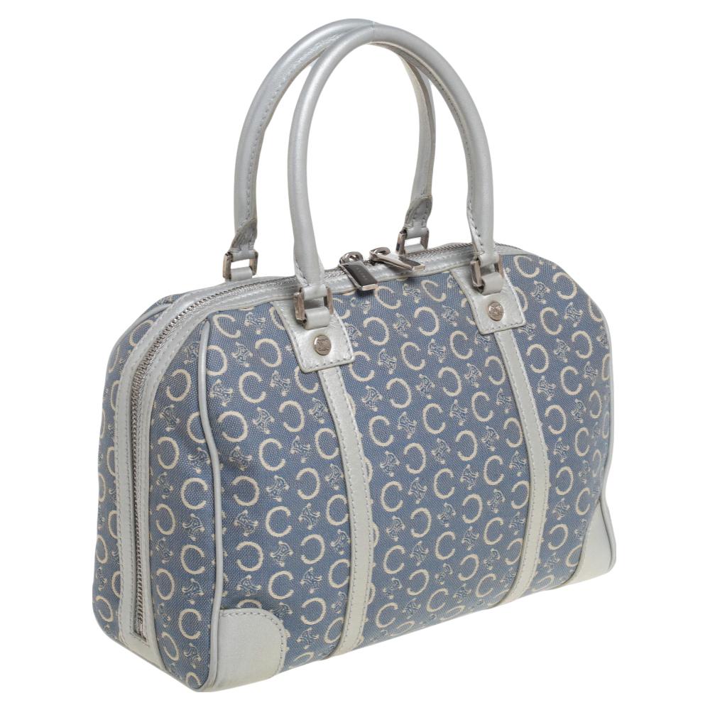 Celine Silver/Blue Macadam Fabric and Leather Satchel In Good Condition In Dubai, Al Qouz 2
