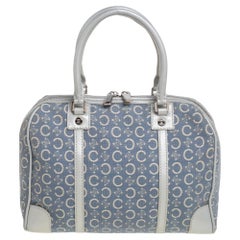 Celine Silver/Blue Macadam Fabric and Leather Satchel