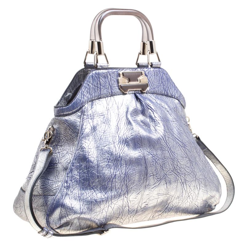 Gray Celine Silver/Blue Textured Leather Top Handle Bag