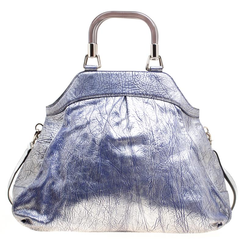 Celine Silver/Blue Textured Leather Top Handle Bag In Good Condition In Dubai, Al Qouz 2