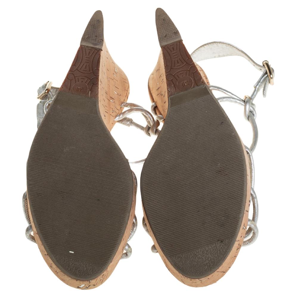 Céline Silver Leather T-Strap Wedge Platform Ankle Strap Sandals Size 39 For Sale 6