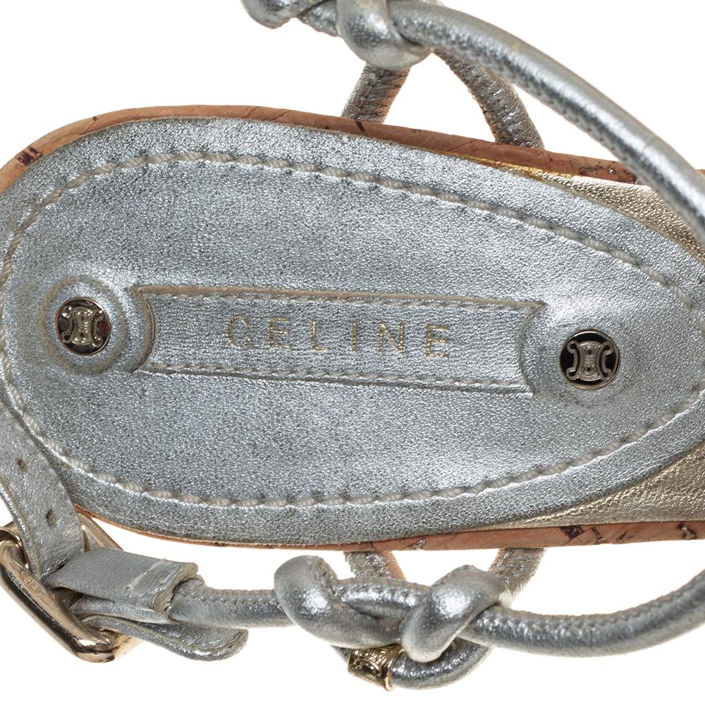 Céline Silver Leather T-Strap Wedge Platform Ankle Strap Sandals Size 39 For Sale 7