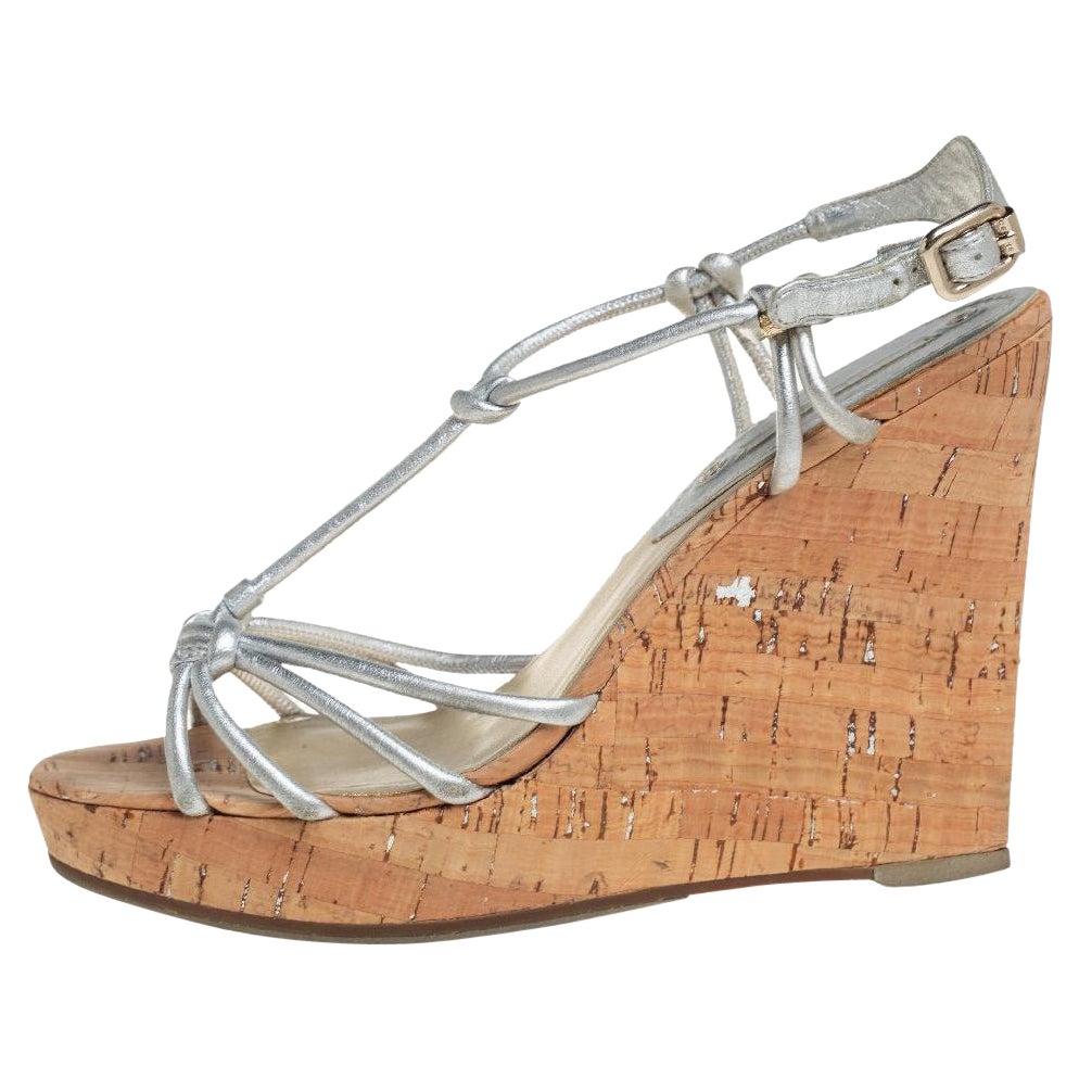 Céline Silver Leather T-Strap Wedge Platform Ankle Strap Sandals Size 39