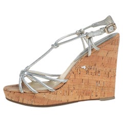 Céline Silver Leather T-Strap Wedge Platform Ankle Strap Sandals Size 39