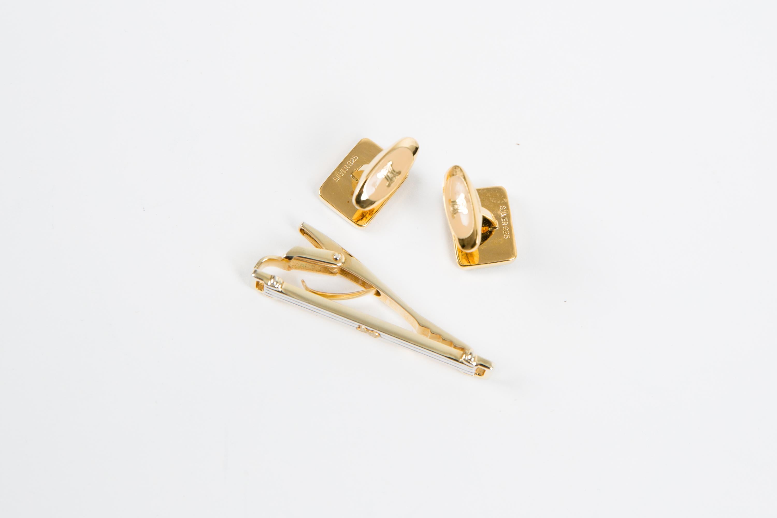 Celine Silver tone Horsebit Cufflinks and Tie Clip Set Pour hommes en vente