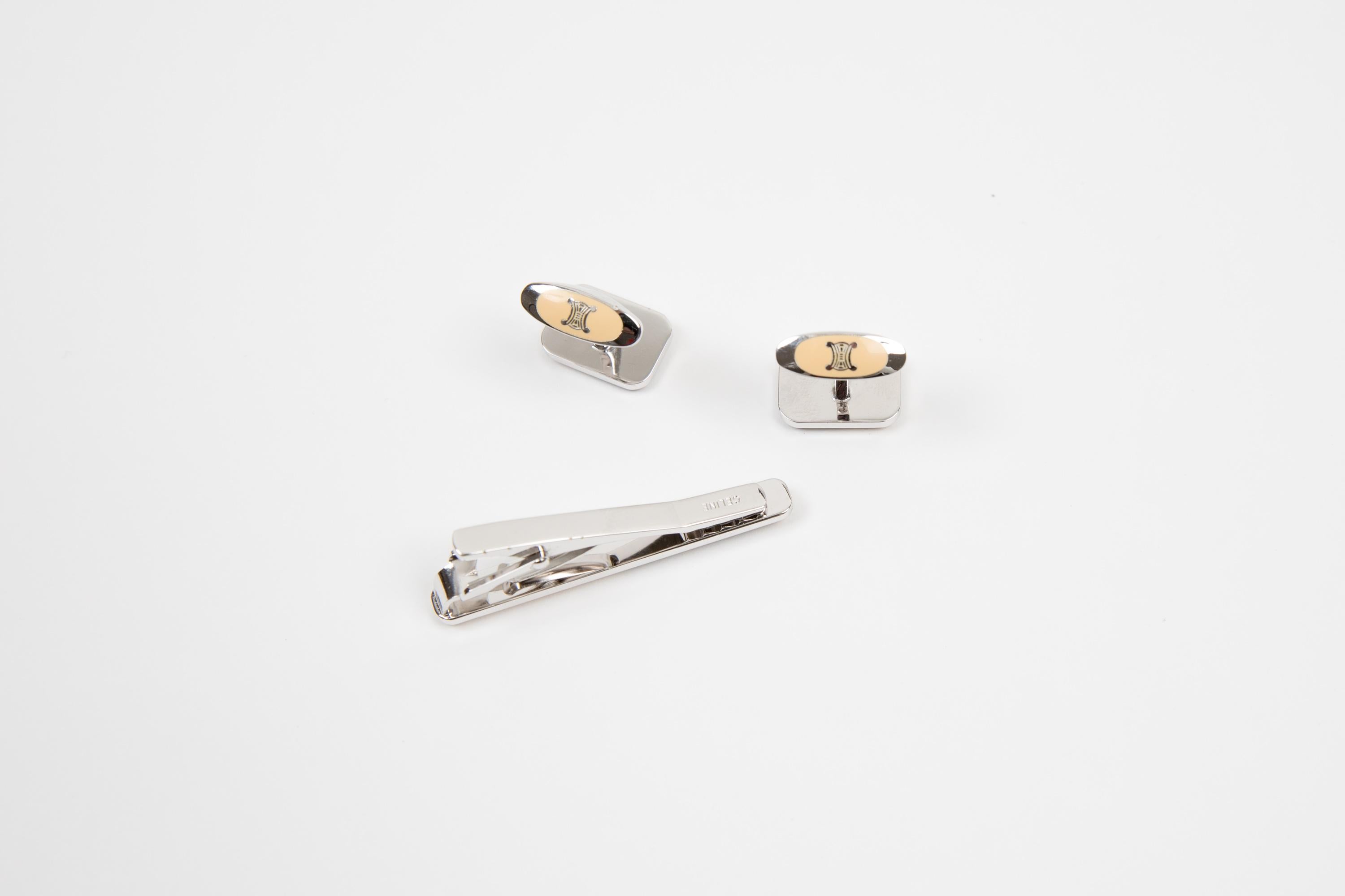 Celine Silver-tone Triomphe Tie Clip and Cufflinks Set In Good Condition In Paris, FR