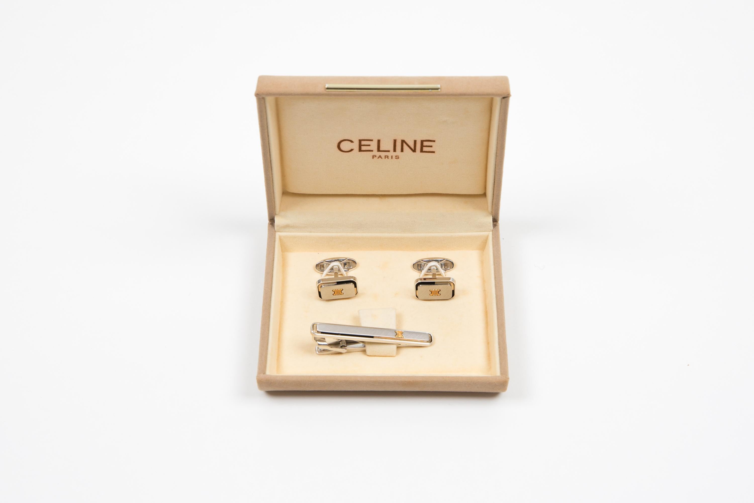 Men's Celine Silver-tone Triomphe Tie Clip and Cufflinks Set