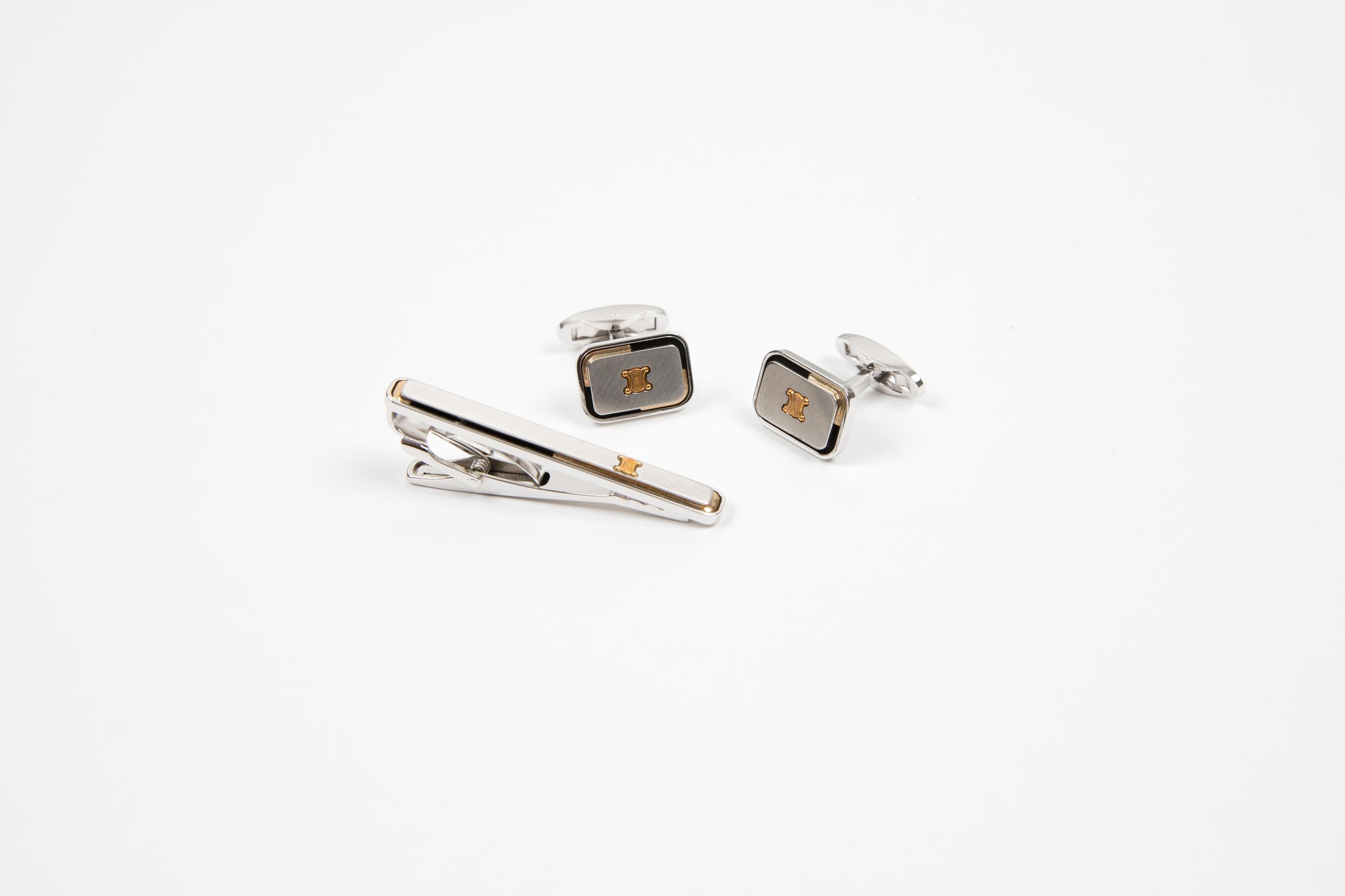 Celine Silver-tone Triomphe Tie Clip and Cufflinks Set 1