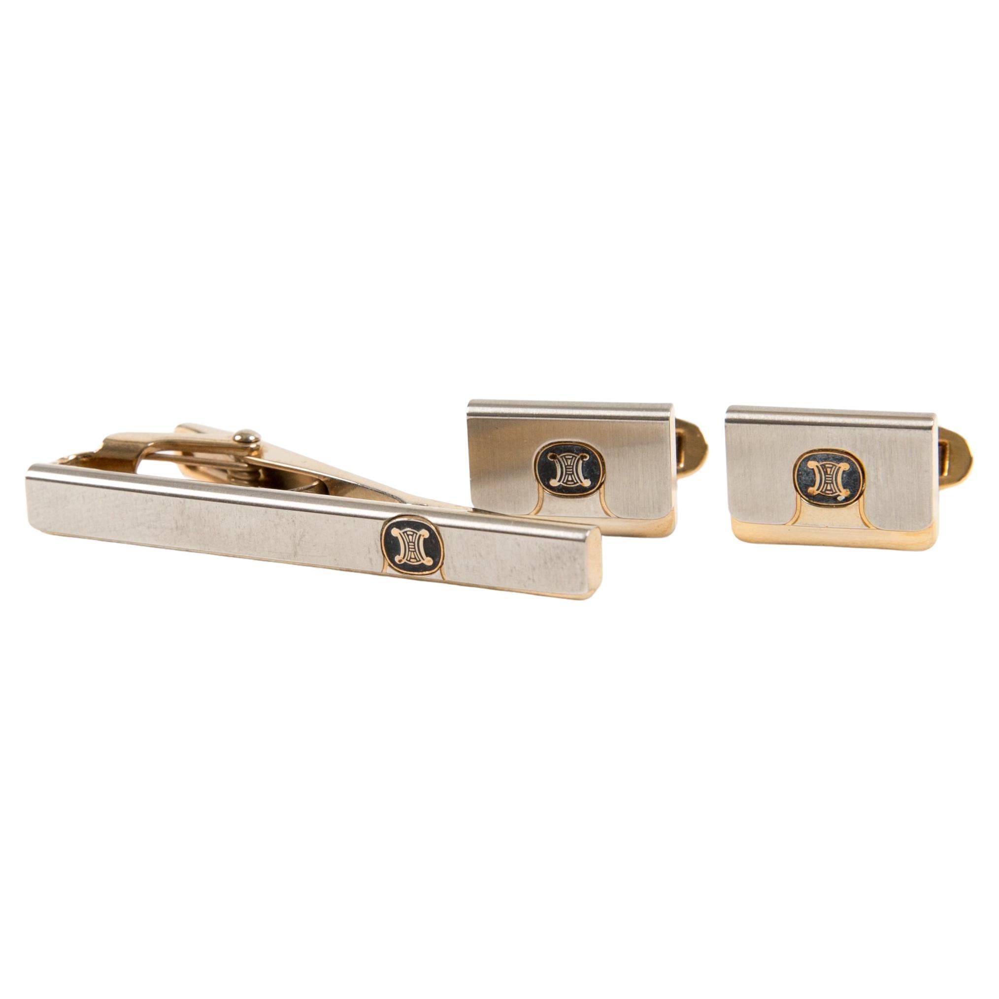 Celine Silver Tone Triomphe Tie Clip and Cufflinks Set