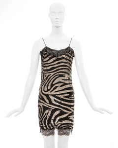 Celine silver zebra patterned sequin and lace slip dress, fw 2003