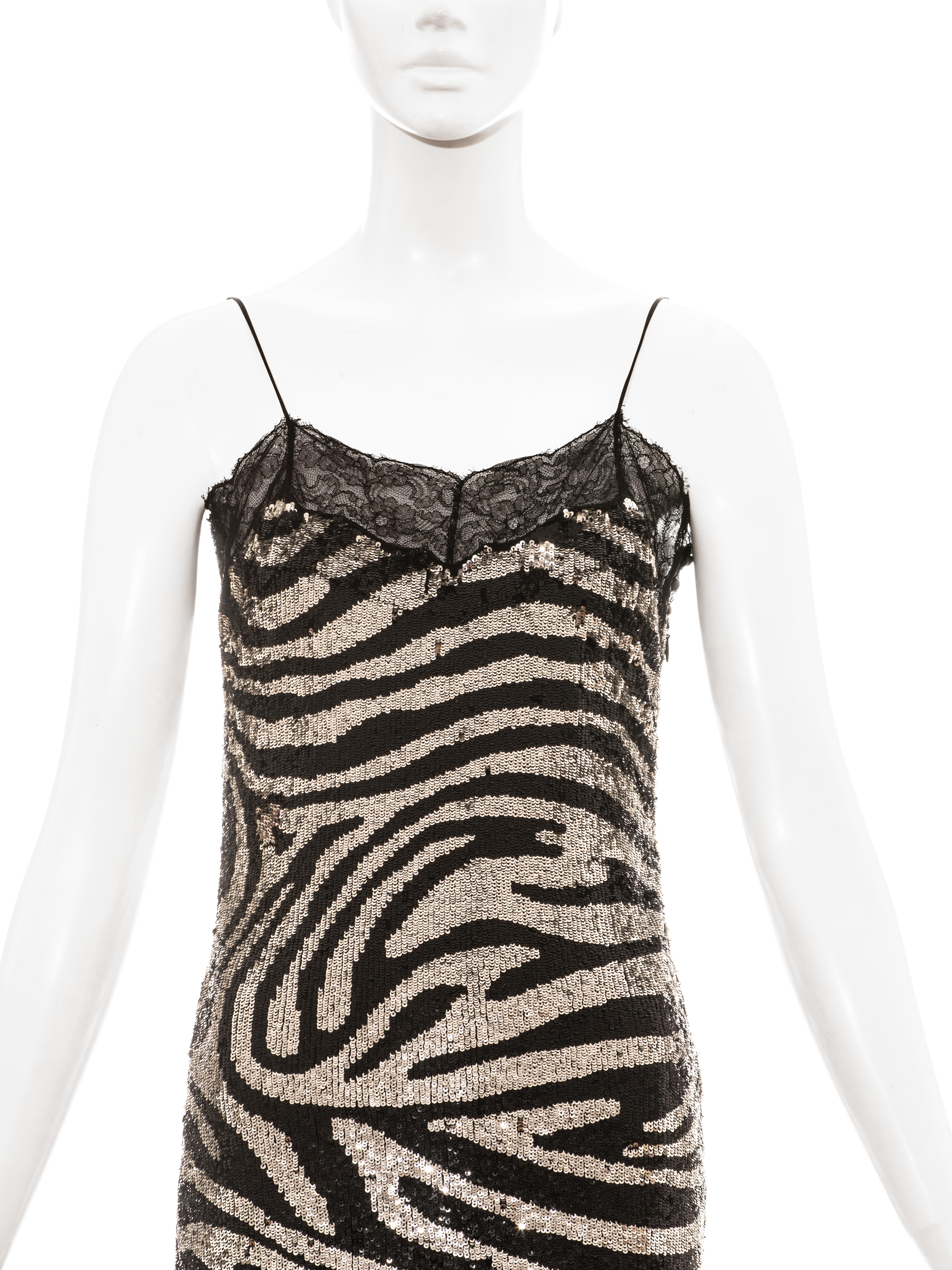 Silbernes Zebramuster-Slipkleid mit Pailletten und Spitze von Celine:: H/W 2003 (Schwarz)