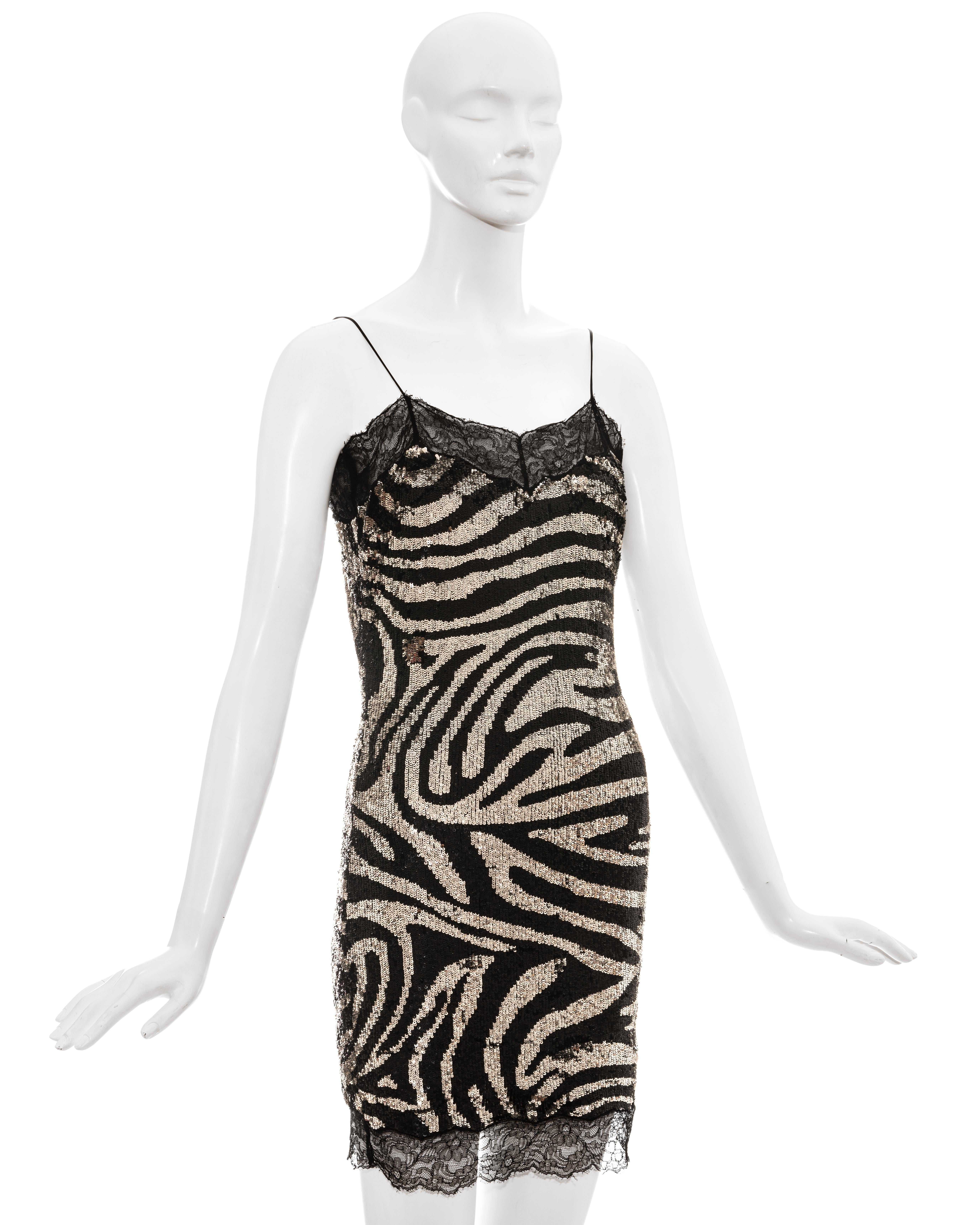 Silbernes Zebramuster-Slipkleid mit Pailletten und Spitze von Celine:: H/W 2003 1