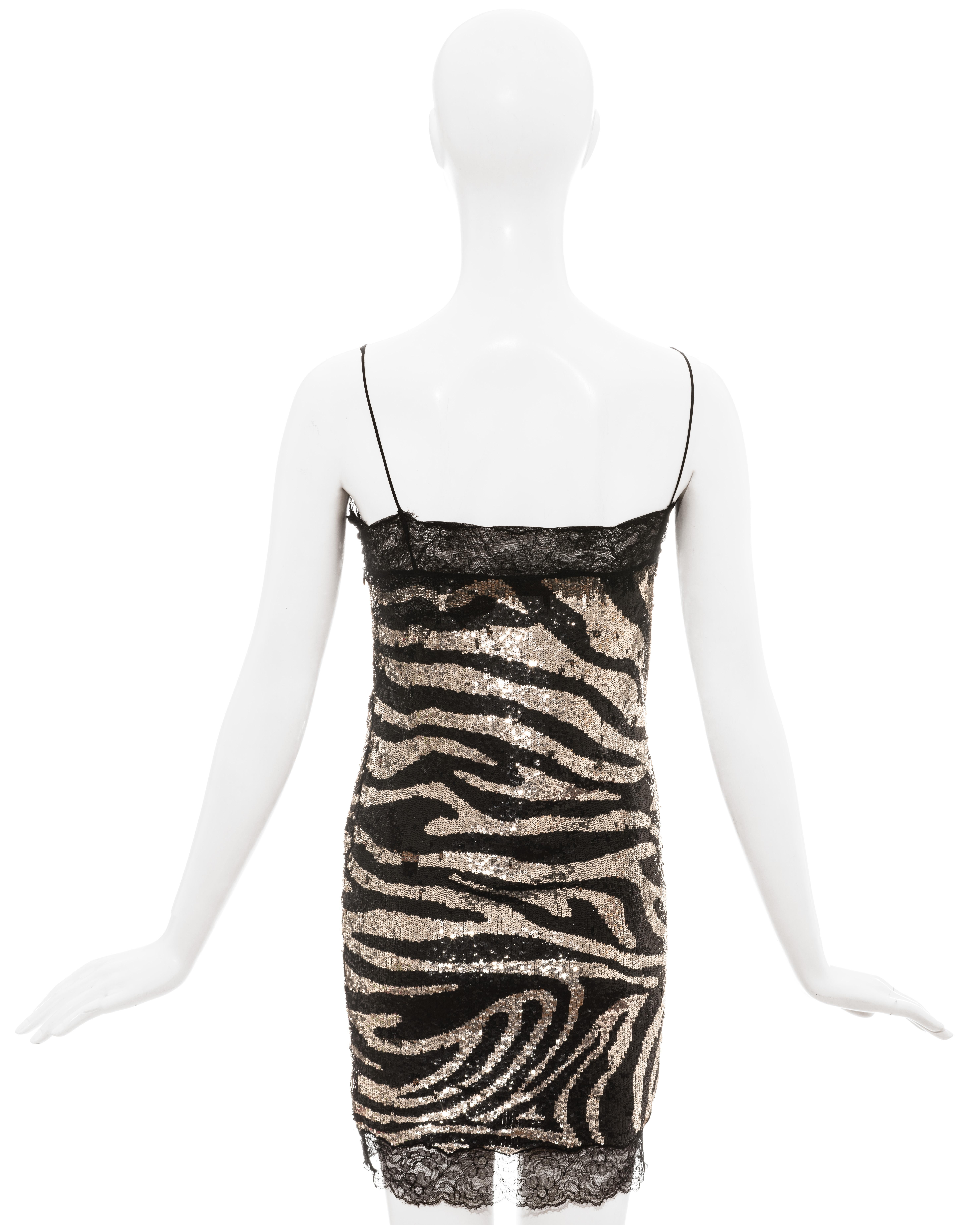 Silbernes Zebramuster-Slipkleid mit Pailletten und Spitze von Celine:: H/W 2003 2