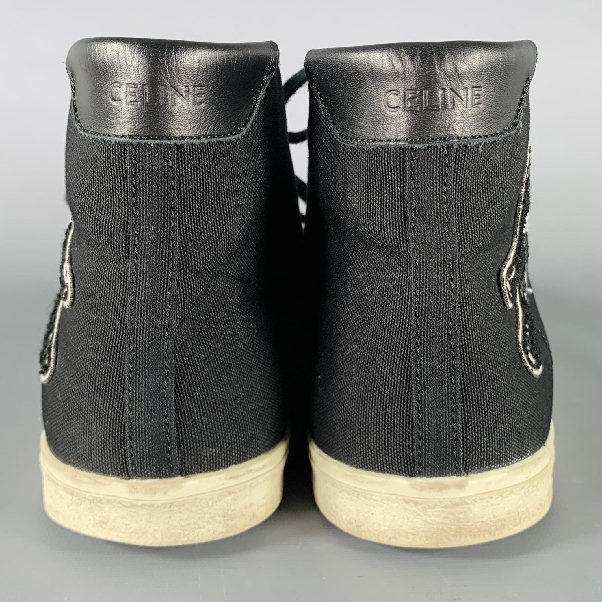 CELINE Size 10 Black White Applique Canvas High Top Sneakers In Excellent Condition For Sale In San Francisco, CA