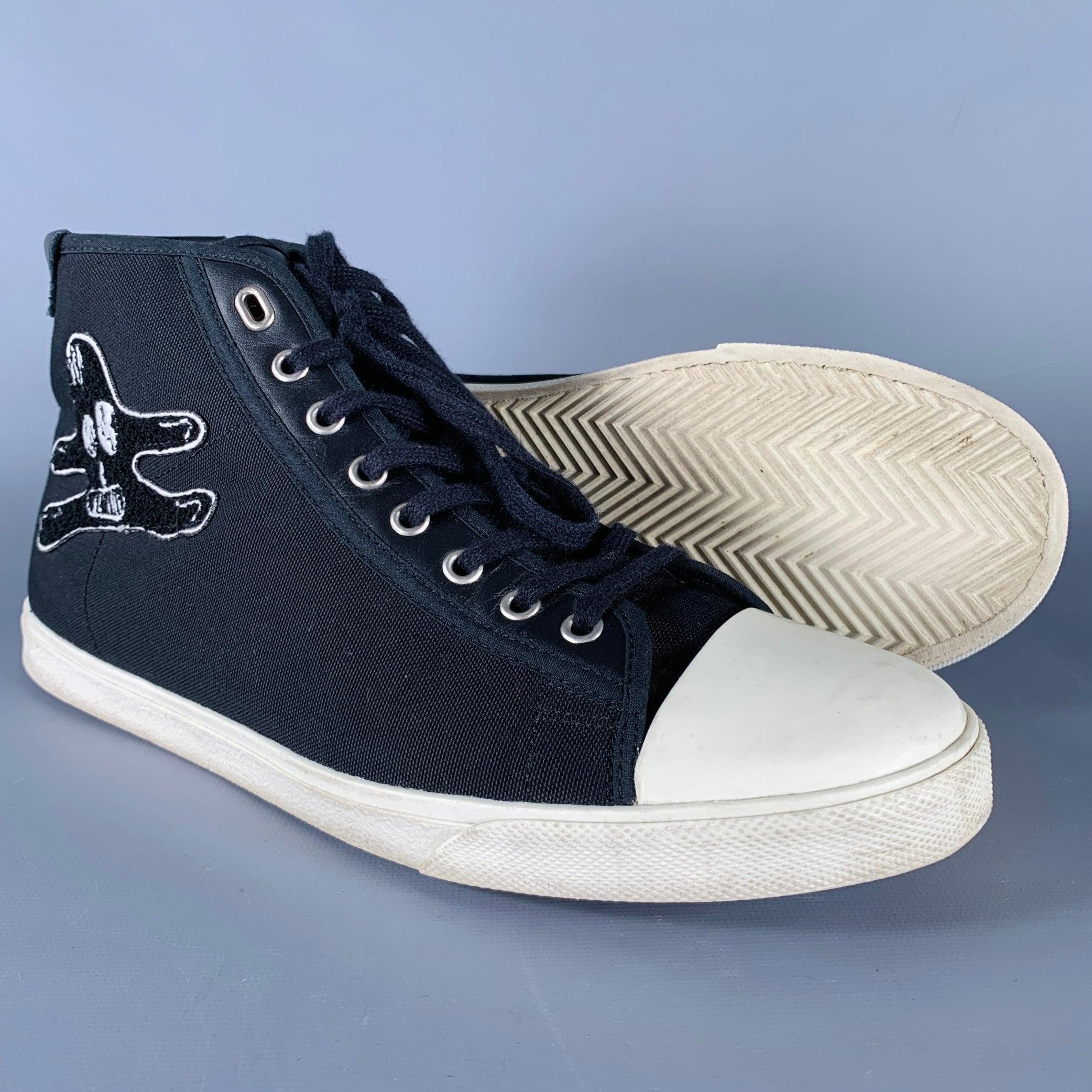 CELINE Size 10 Black White Applique Canvas High Top Sneakers For Sale 1