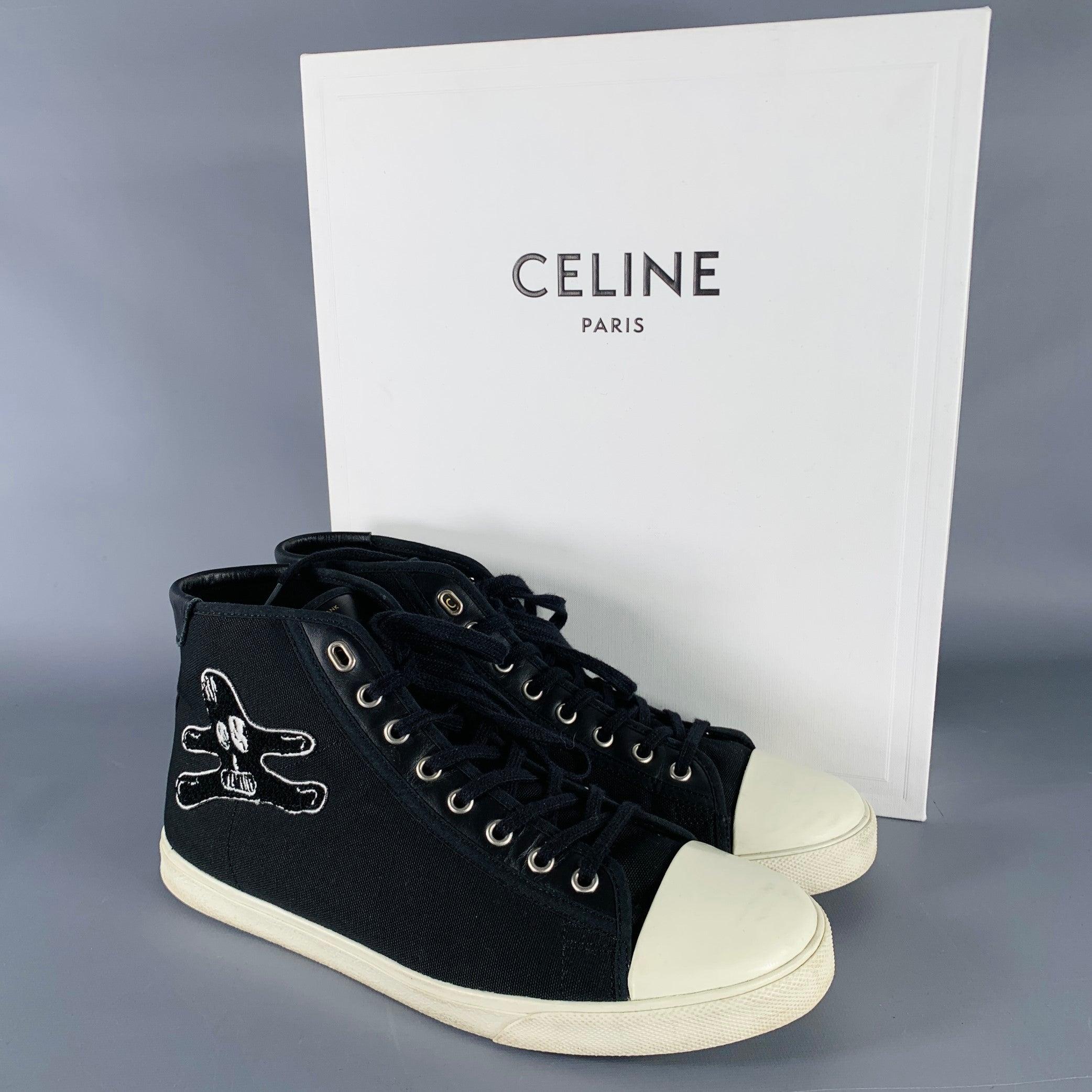 CELINE Size 10 Black White Applique Canvas High Top Sneakers For Sale 5