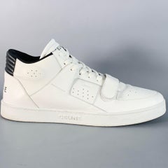 CELINE Size 12 White Black Perforated Leather Mid Top Lace-Up Sneakers