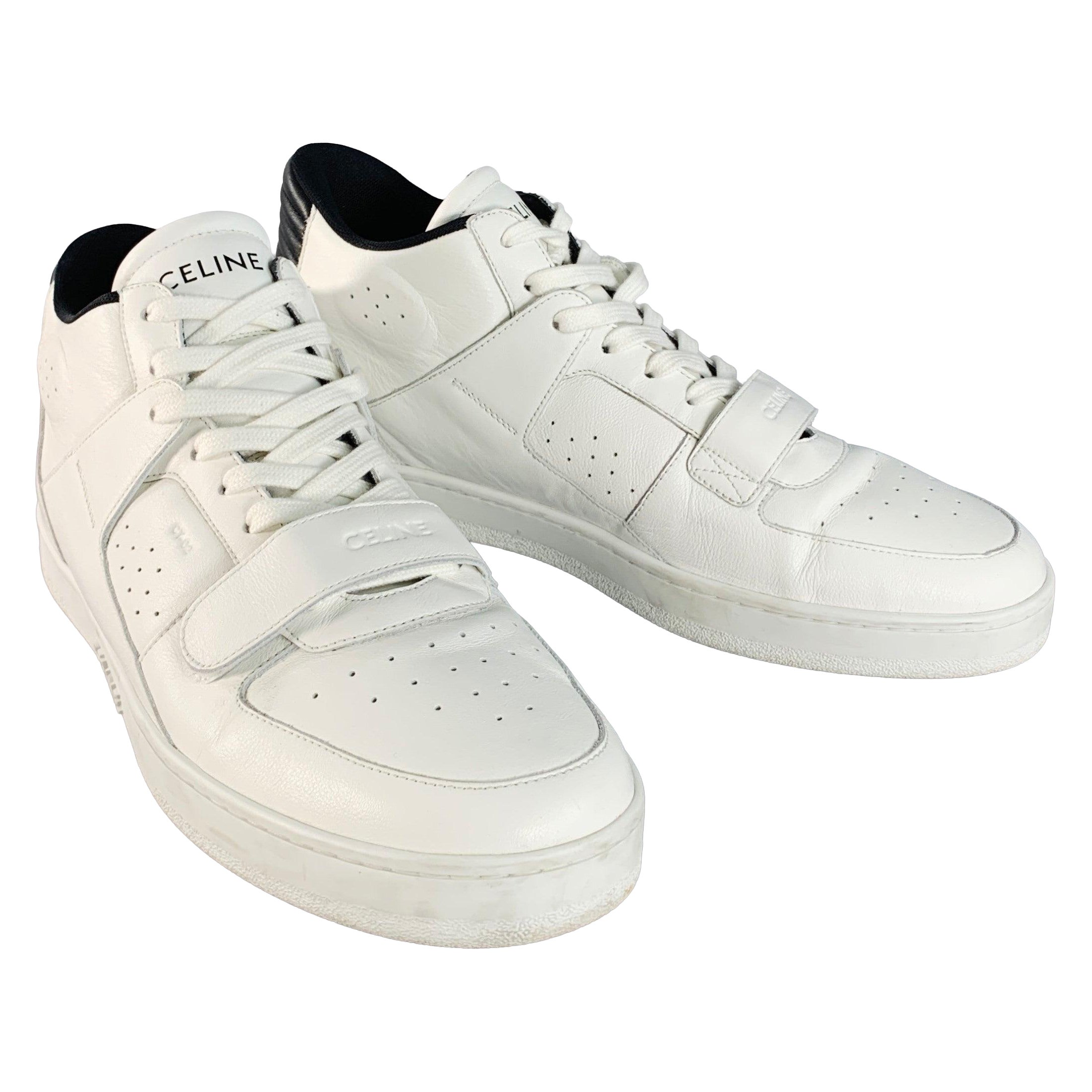 CELINE Size 12 White Black Perforated Leather Mid Top Lace-Up Sneakers