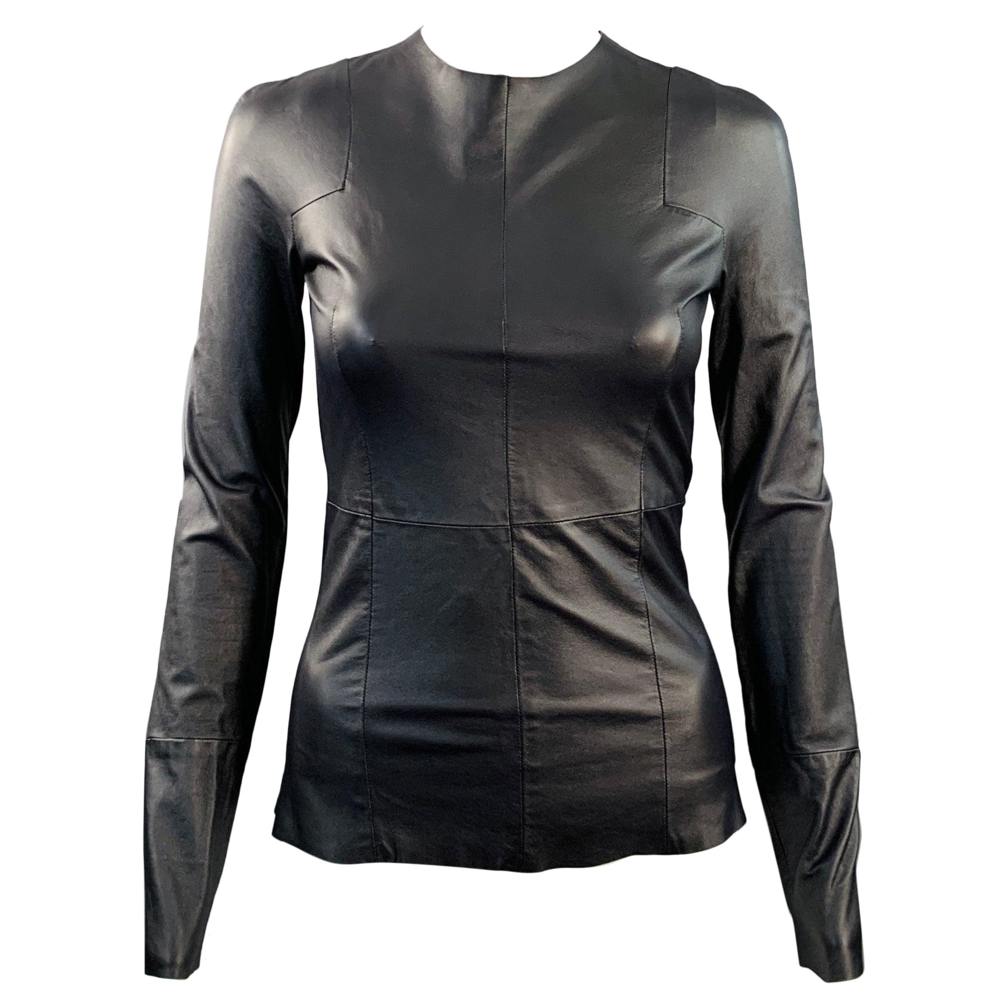 CELINE Size 2 Black Lambskin Leather Long Sleeve Back Zipper Dress Top