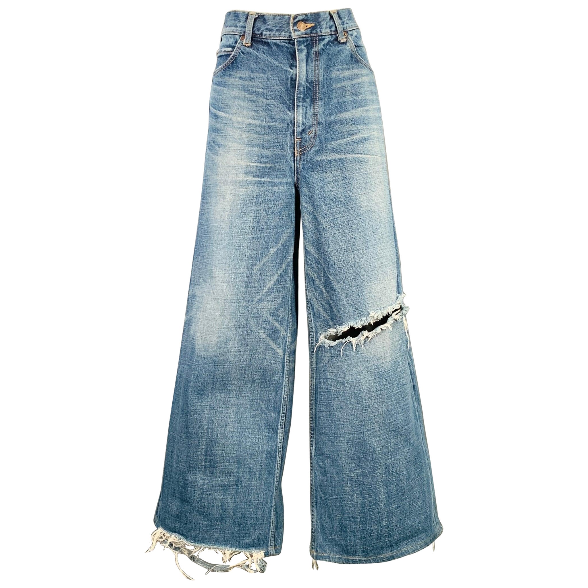 CELINE Size 32 Marco Blue Cotton Distressed Raw Edge Wide Leg Jeans