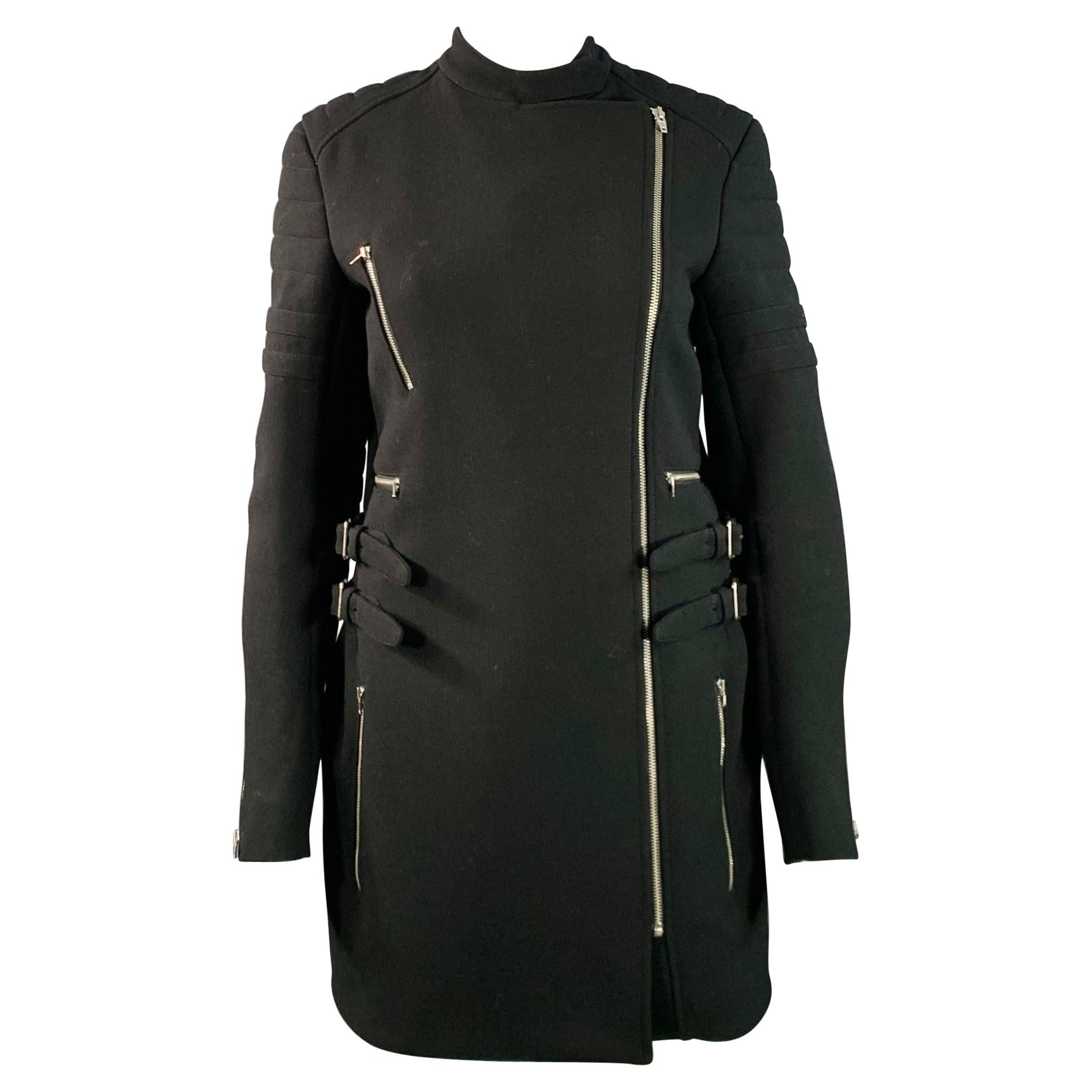 CELINE Size 4 Black Wool Zippers Detail Bondage Coat For Sale