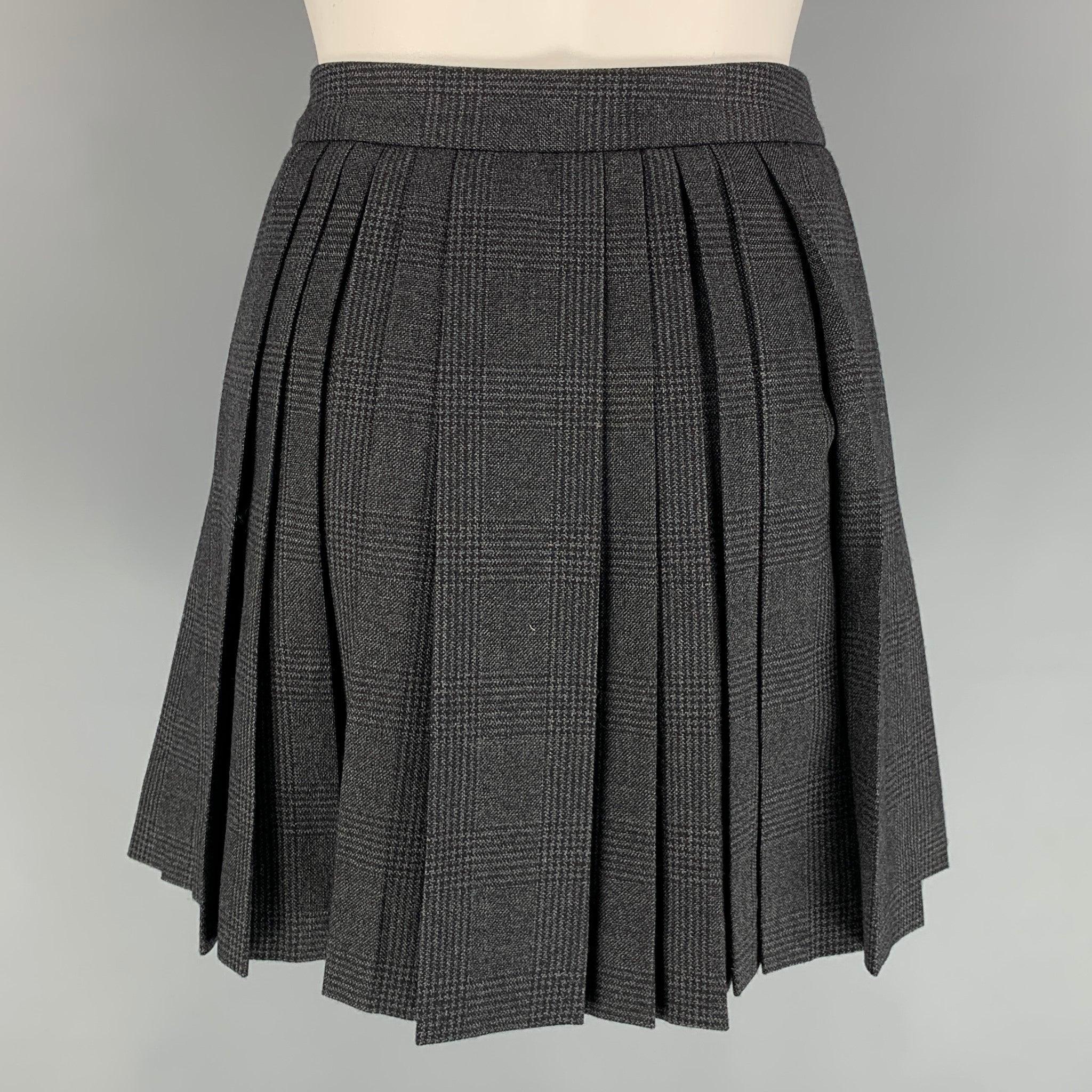 CELINE Size 4 Charcoal Plaid Wool Pleated Mini Skirt In Good Condition For Sale In San Francisco, CA