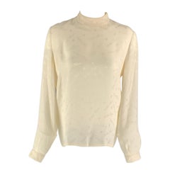 CELINE Size 4 Cream Silk Signature Print Long Sleeve Blouse