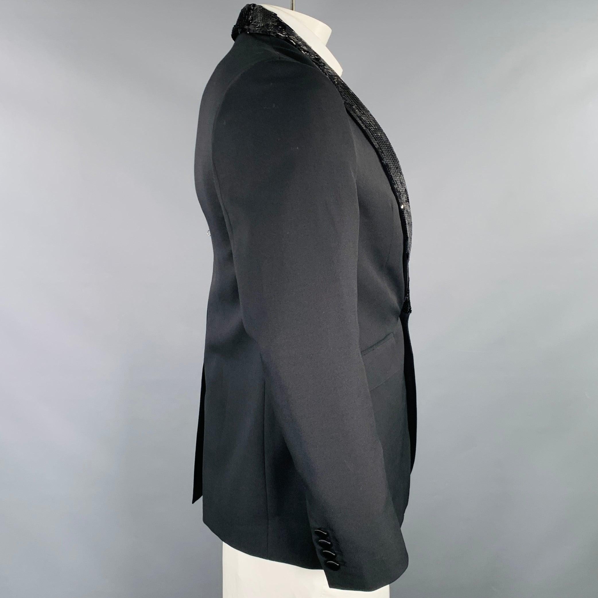 CELINE Size 40 Black Sequined Wool Mohair Shawl Collar Sport Coat In Excellent Condition In San Francisco, CA
