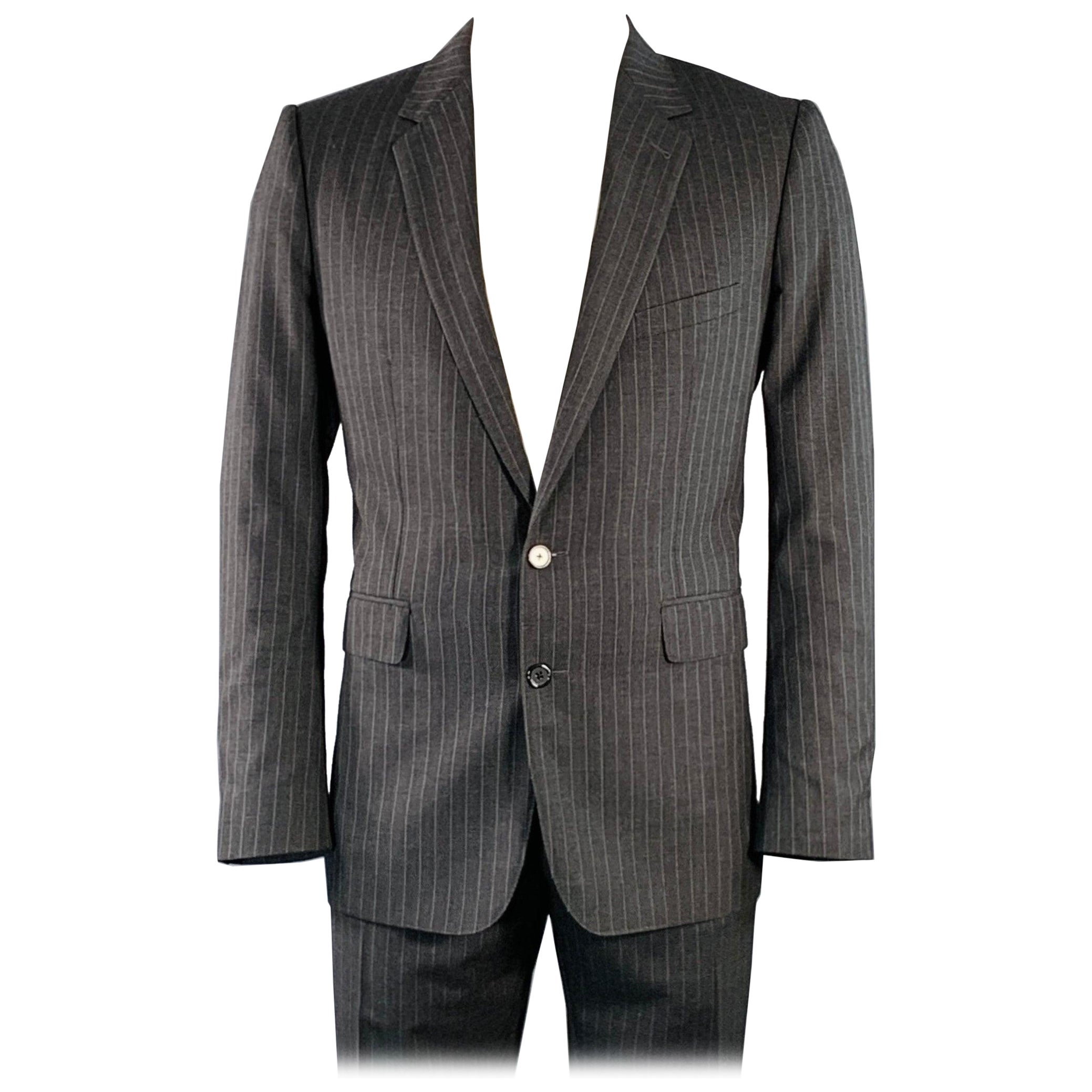 CELINE Size 44 Regular Grey Charcoal Stripe Wool Polyester Suit in vendita
