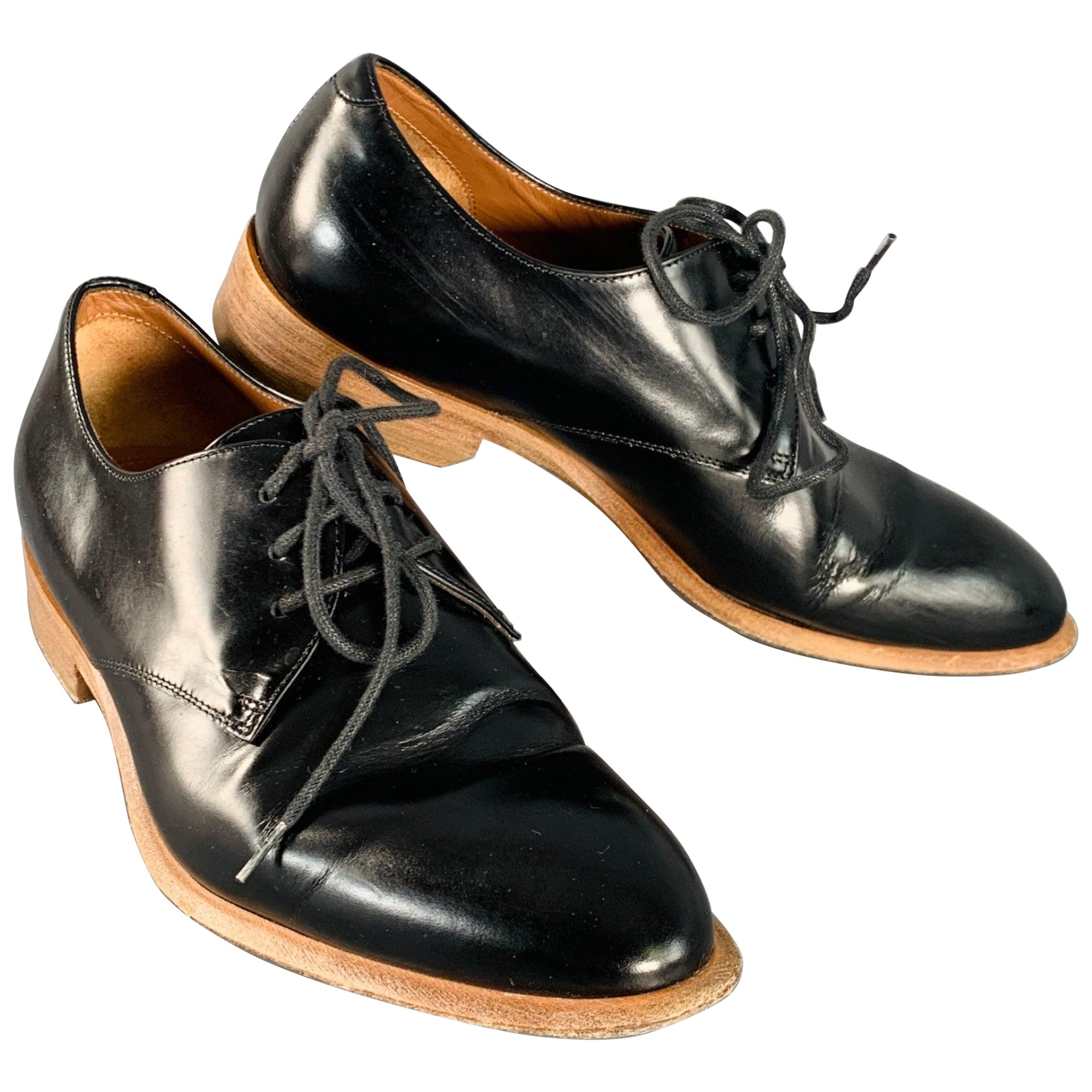 CELINE Size 5.5 Black Brown Leather Derby Almond Toe Lace-Up Shoes