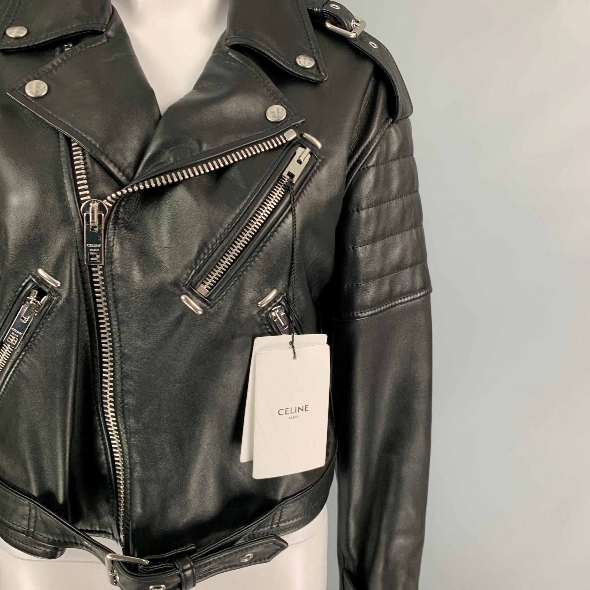 CELINE jacket comes in a black leather featuring a motorcycle style, cropped fit, silver tone hardware, padded panels, epaulettes, and a zip up closure. 

New with tags. 
Marked: 42
Original Retail Price: $5,200.000000

Measurements:

Shoulder: 19