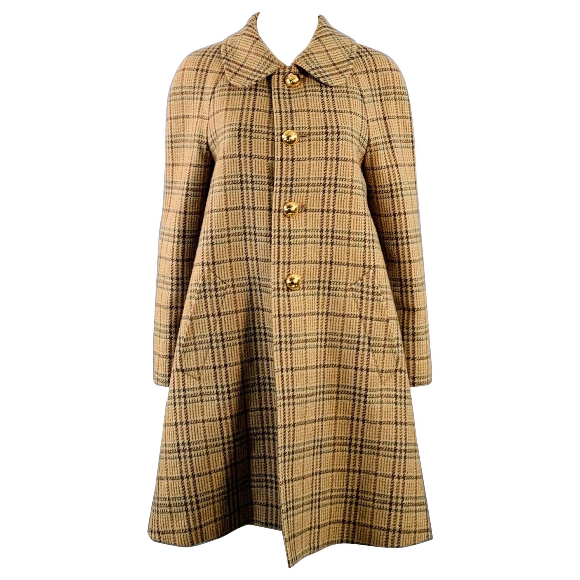 CELINE Size 6 Khaki Brown Olive Wool Blend Plaid Raglan Sleeve Coat