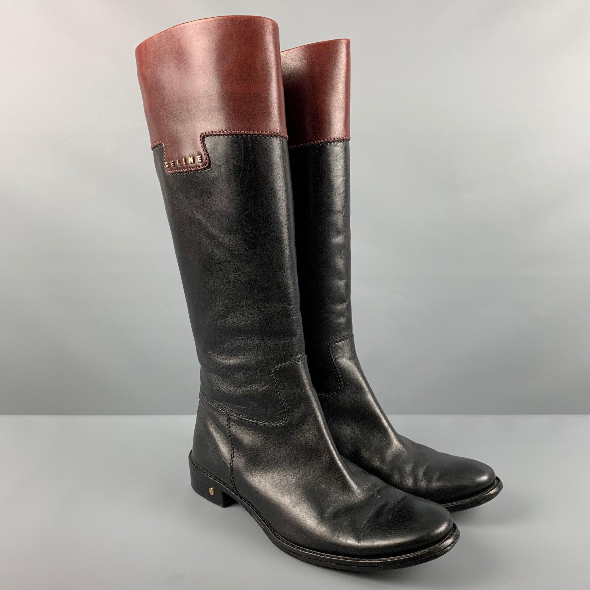 CELINE riding boots comes in a brown and black leather featuring a pull on style, gold tone CELINE hardware, round toe, and a wooden sole. Good Pre-Owned Condition. Moderate signs of wear. As-is. 

Marked:   37 

Measurements: 
  Length: 11 inches