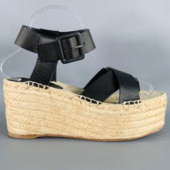 CELINE Size 7 Black Natural Leather Espadrille Sandals