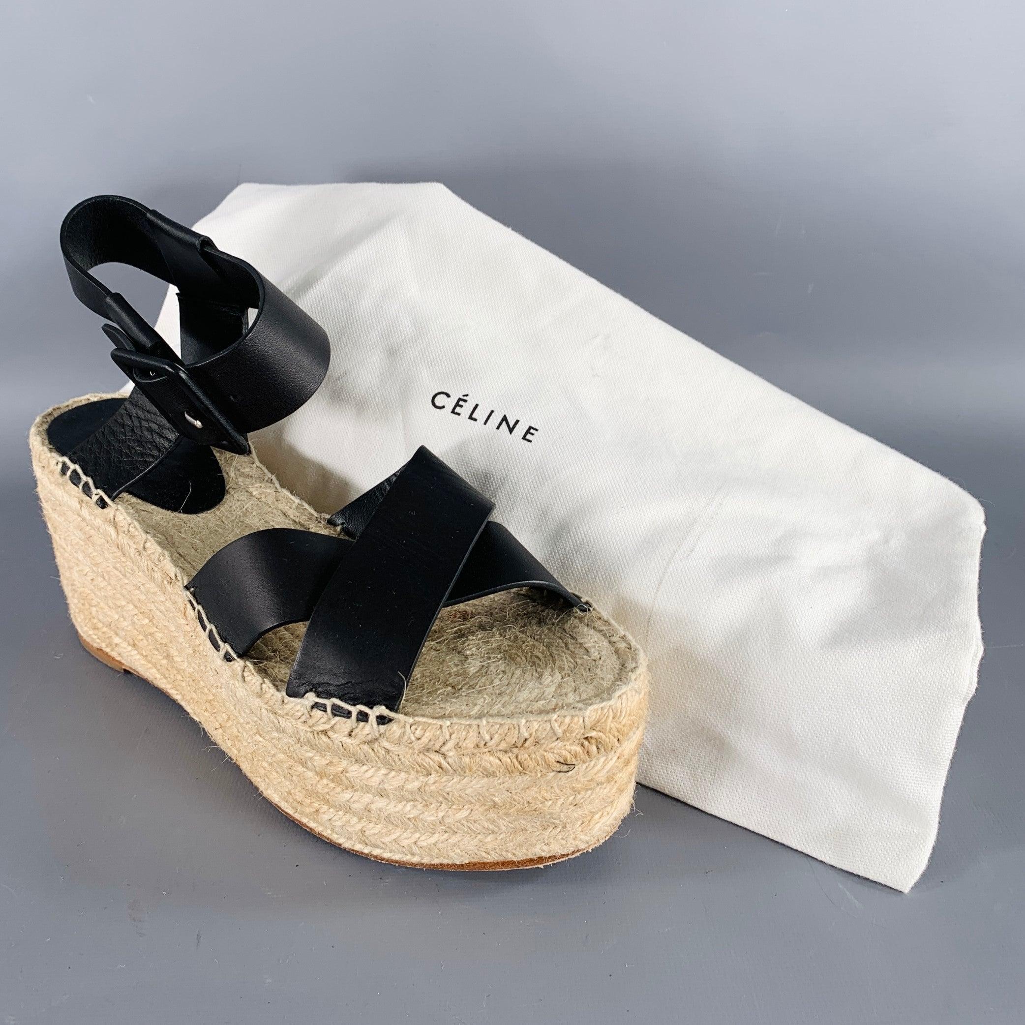 Celine Taglia 7 Sandali Espadrille in Pelle Nera Nature in vendita 4