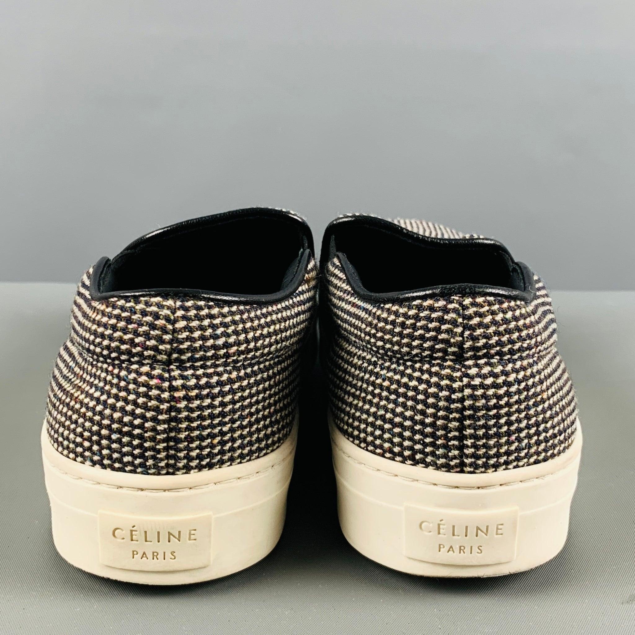 CELINE Size 7 Black White Fabric Textured Slip On Sneakers In Good Condition For Sale In San Francisco, CA