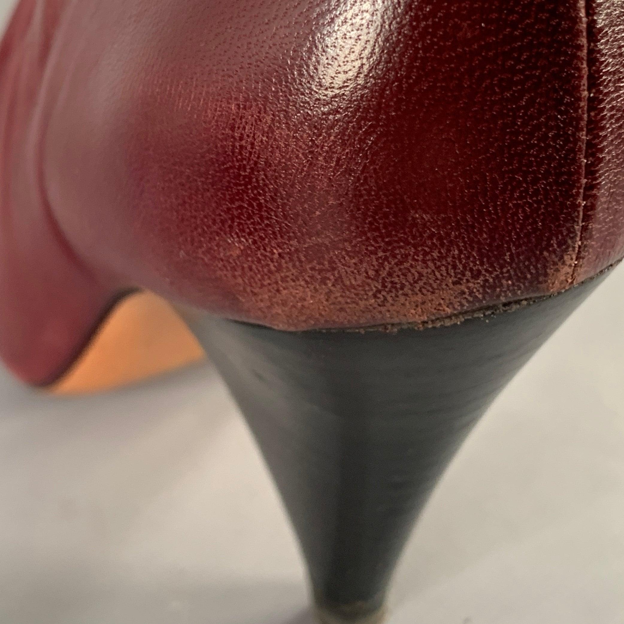 CELINE Size 7 High Throat Burgundy Leather Cone Heel Pumps For Sale 6