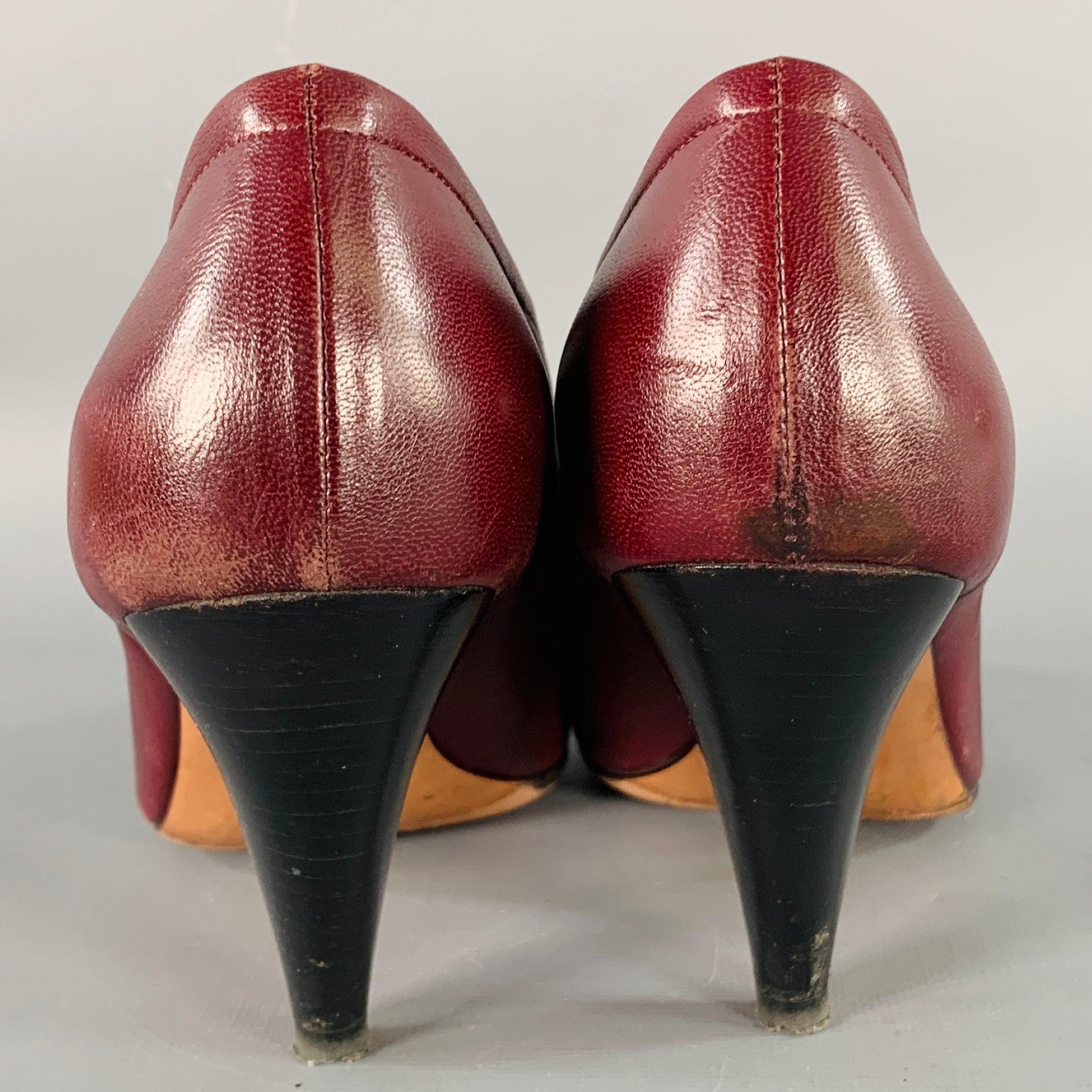 Brown CELINE Size 7 High Throat Burgundy Leather Cone Heel Pumps For Sale