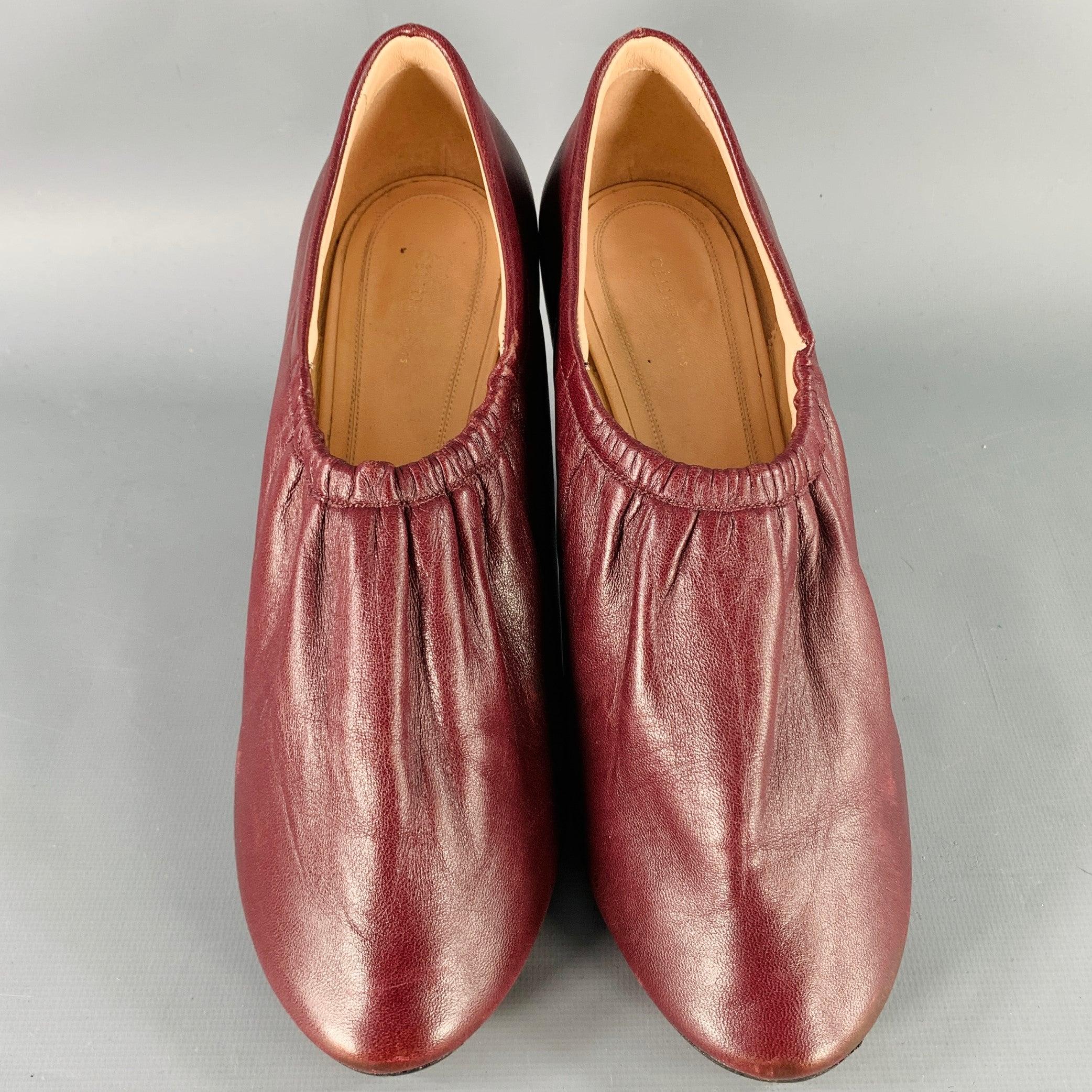 CELINE Size 7 High Throat Burgundy Leather Cone Heel Pumps In Good Condition For Sale In San Francisco, CA