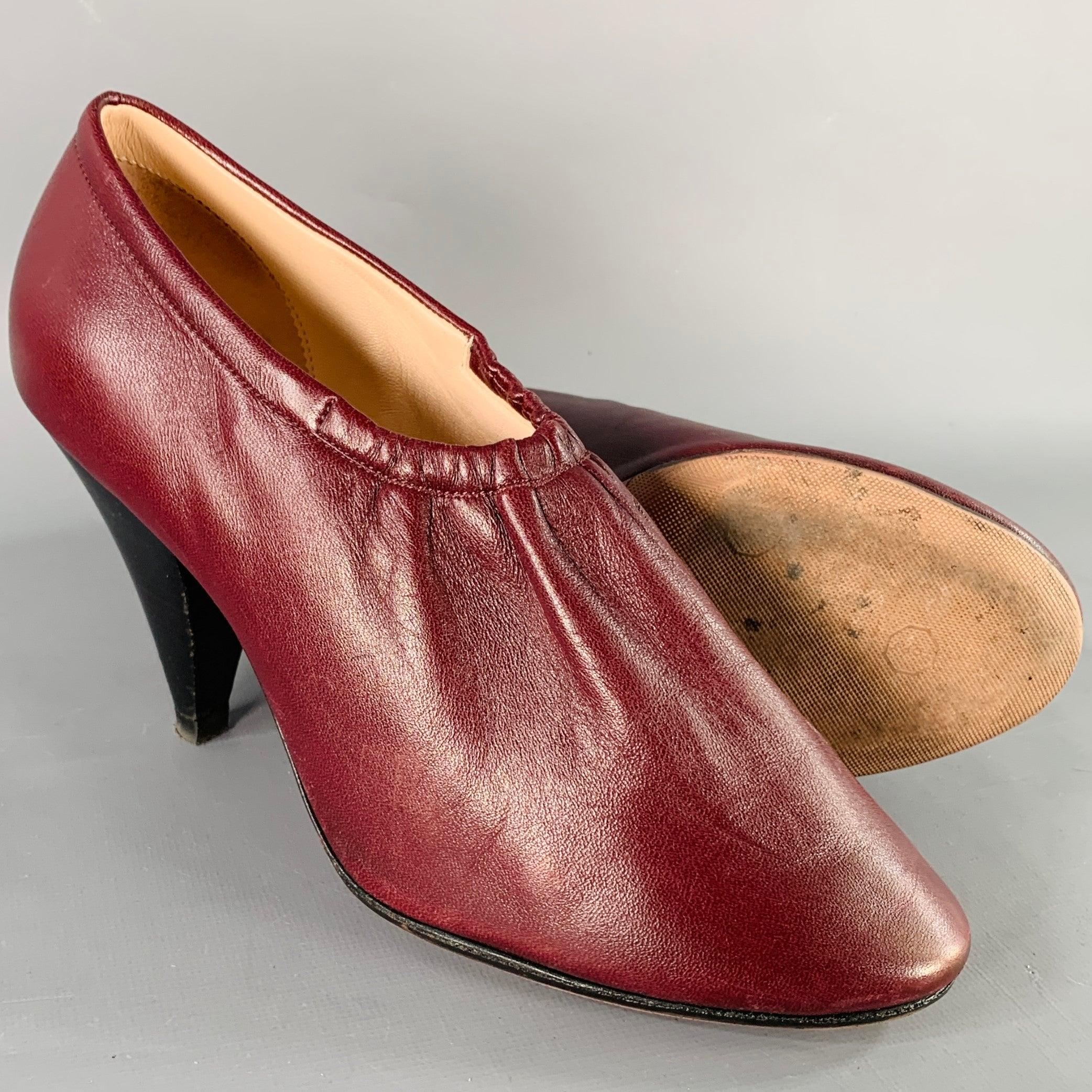 Women's CELINE Size 7 High Throat Burgundy Leather Cone Heel Pumps For Sale