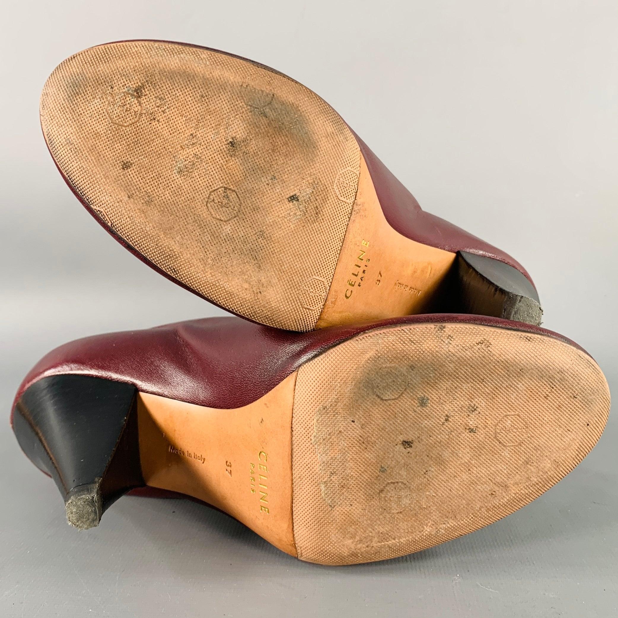 CELINE Size 7 High Throat Burgundy Leather Cone Heel Pumps For Sale 1
